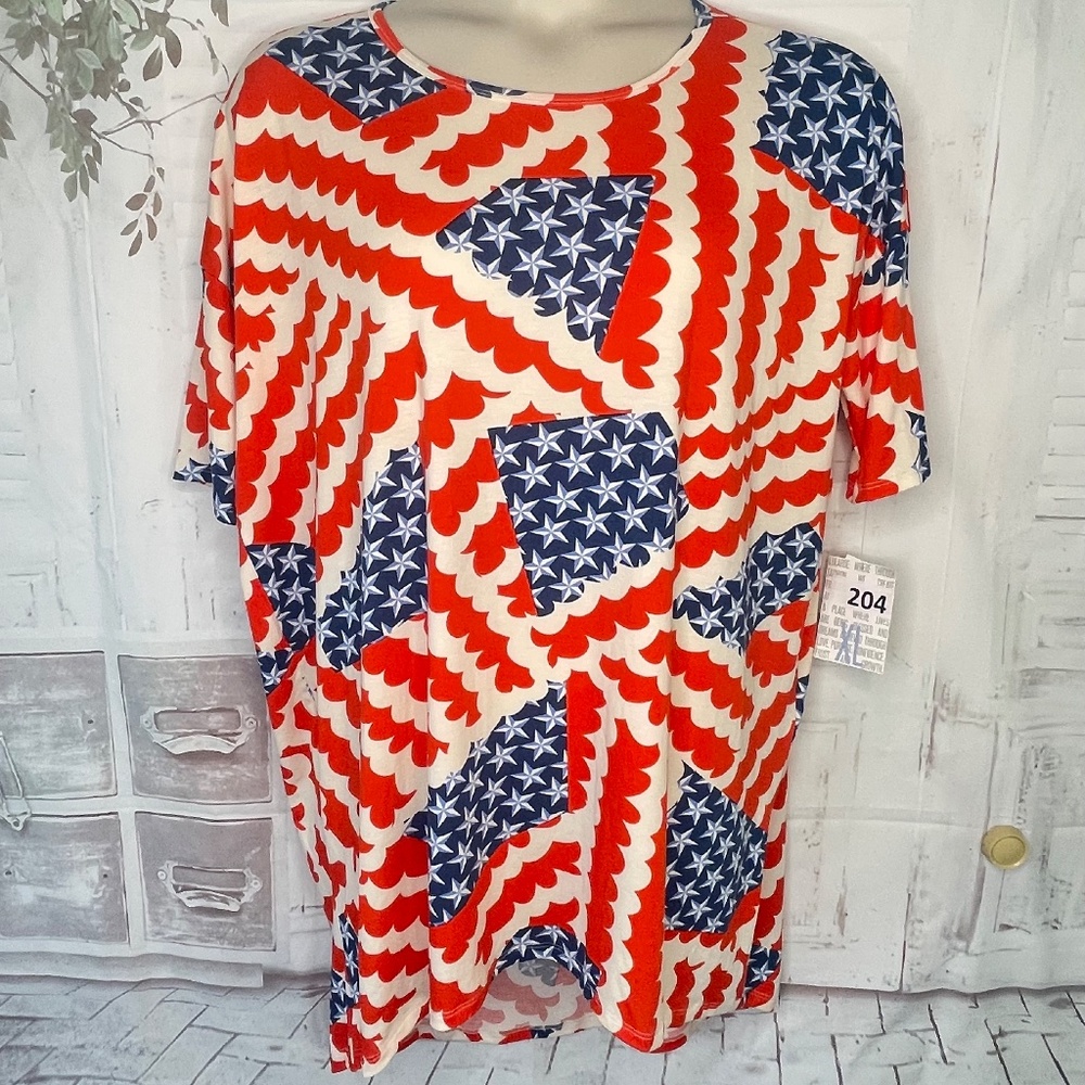 LuLaRoe Irma Womens Patriotic American Flag Stretch Casual Top Shirt Sz. XL